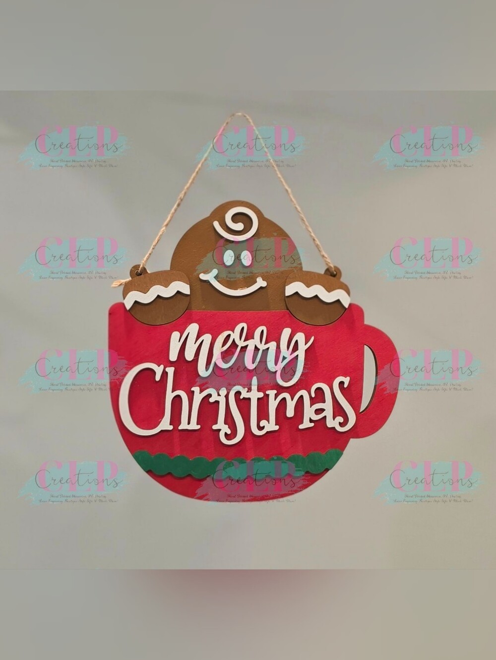 Merry Christmas Gingerbread Mug Wood Wall Hanging Decor W/Twine To Hang
